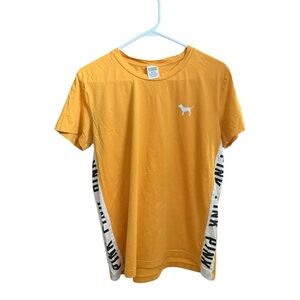 Victoria's Secret PINK Campus Yellow Short Sleeve Tee Shirt Side Logo Dog Medium